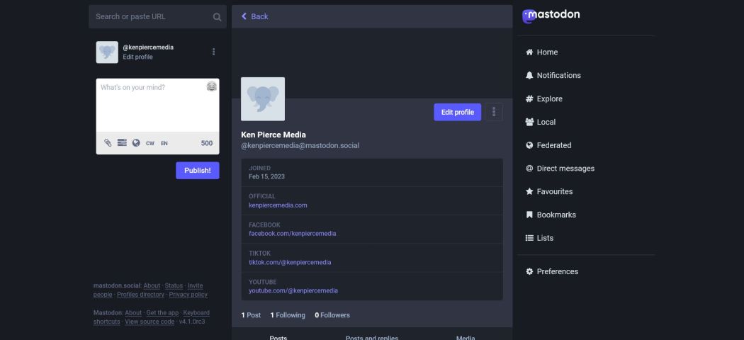 mastodon social screenshot, mastodon social, ken pierce media social networking